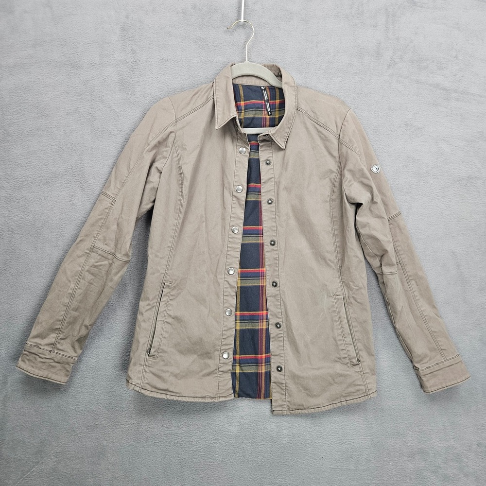 KUHL Flannel Lined Utility Jacket Tan Khaki Plaid Small Snap Front Outdoor Coat